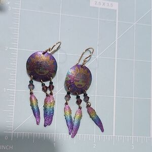 Sun Pattern With Dangling Feathers Rainbow Niobium Earrings